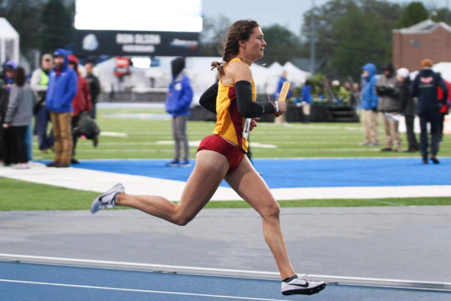 Iowa State freshman Larkin Chapman competes in the womens 800-meter relay at the Drake Relays in Des Moines April 28. The Cyclone relay of Chapman, Erinn Stenmann-Fahey, Evelyne Guay and Jasmine Staebler placed second with a time of 8:41.10.