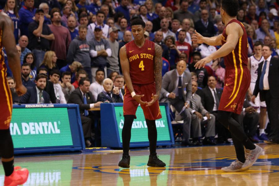 Donovan Jackson celebrates after hitting a 3-pointer late in overtime at Allen Fieldhouse in Lawrence, Kansas. Iowa State beat Kansas 92-89 in overtime, the Cyclones first win in Lawrence since 2005.
