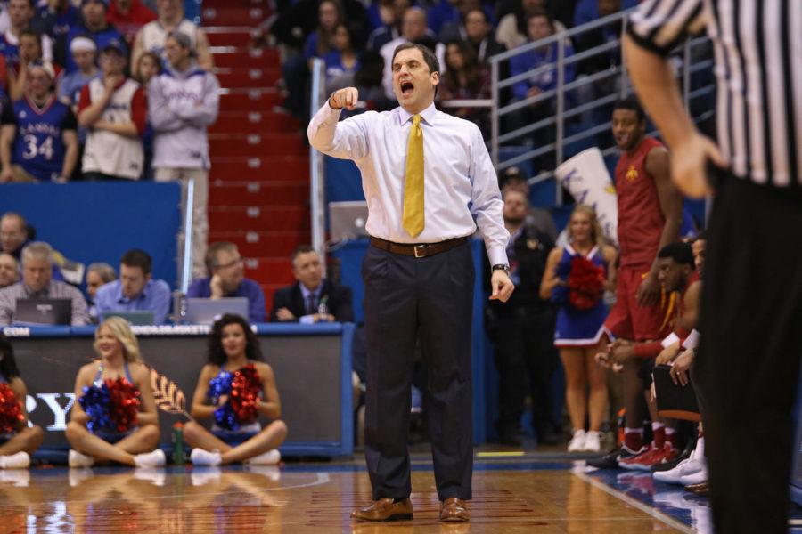 Iowa State coach Steve Prohm yells out a play at Allen Fieldhouse in Lawrence, Kansas on Feb. 4, 2017. Iowa State beat Kansas 92-89 in overtime, the Cyclones first win in Lawrence since 2005.