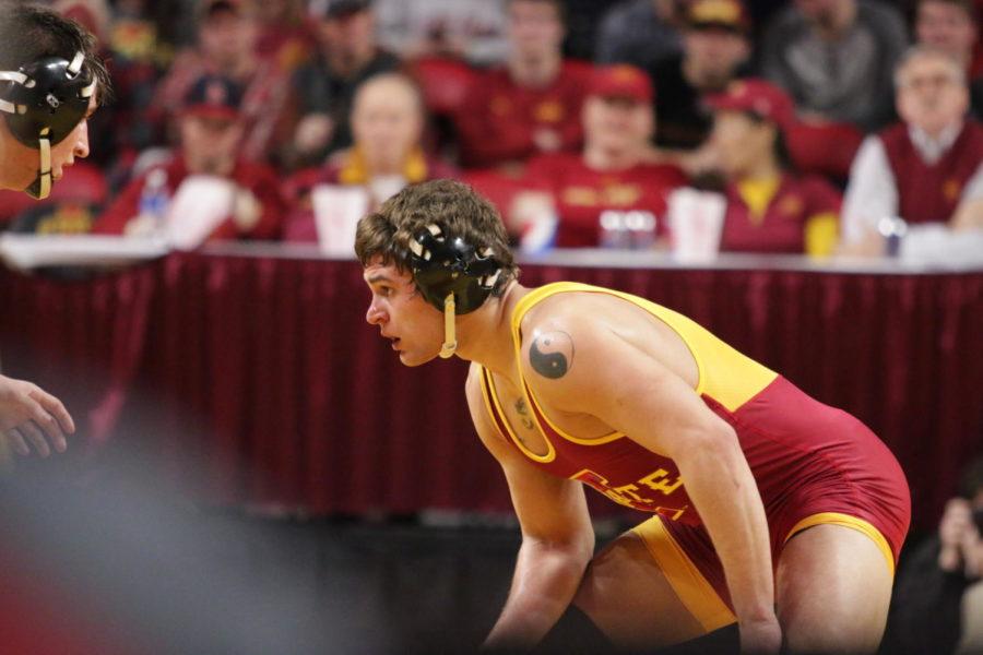 Iowa States Redshirt Junior, Patrick Downey, stares down his opponent Friday night at Hilton Coliseum.