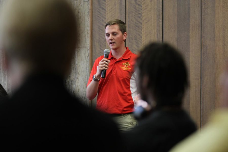 Student Body Vice President Cody Smith speaks on behalf of students during the open forum in the Campanile Room on June 12.