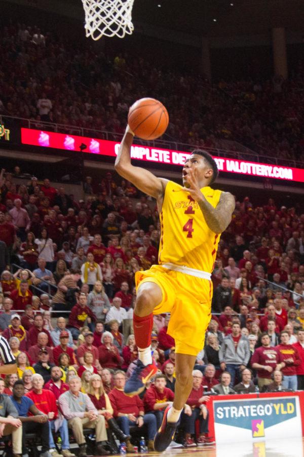 Junior Donovan Jackson goes up for a layup during a game against #9 Baylor, Saturday afternoon in Hilton Coliseum. After being tied at halftime, the Cyclones pulled off the upset, winning 72-69, and improved to 19-9 overall (11-5 in conference).