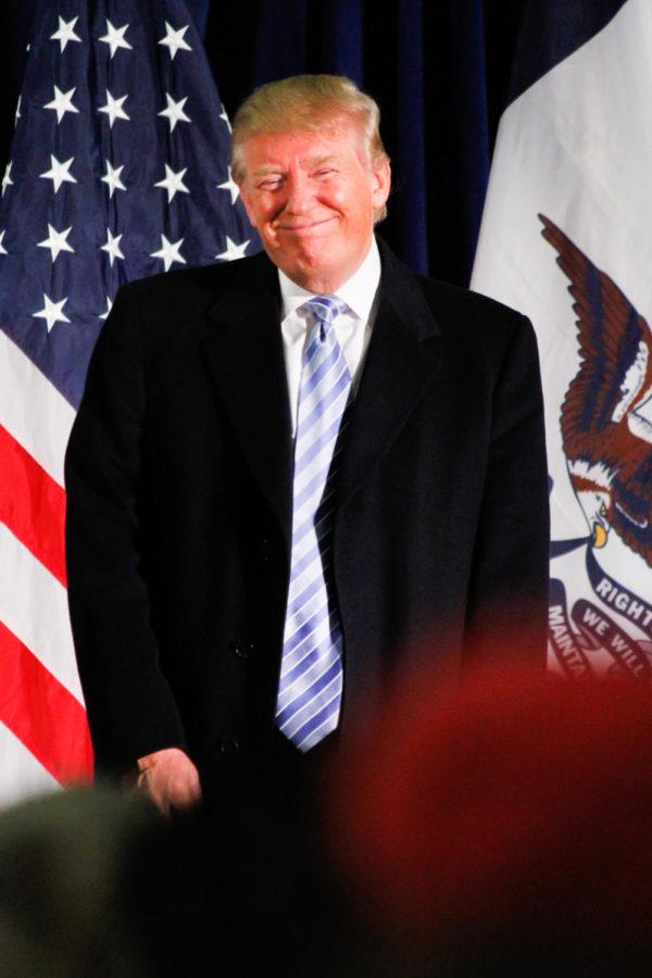 Republican presidential hopeful Donald Trump speaks in front of a crowd on Jan. 19 at the Hansen Agriculture Student Learning Center. Trump talked about economic and healthcare reforms. At the rally he was endorsed by former governor of Alaska, Sarah Palin.