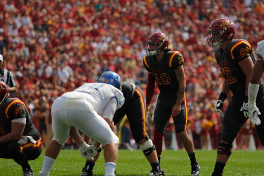 Quarterback Jacob Park reads the defense before signaling a snap during his teams game against San Jose State on Sept. 24. Iowa State defeated San Jose State by a score of 44-10. Park finished the game with 165 passing yards and 3 touchdowns.