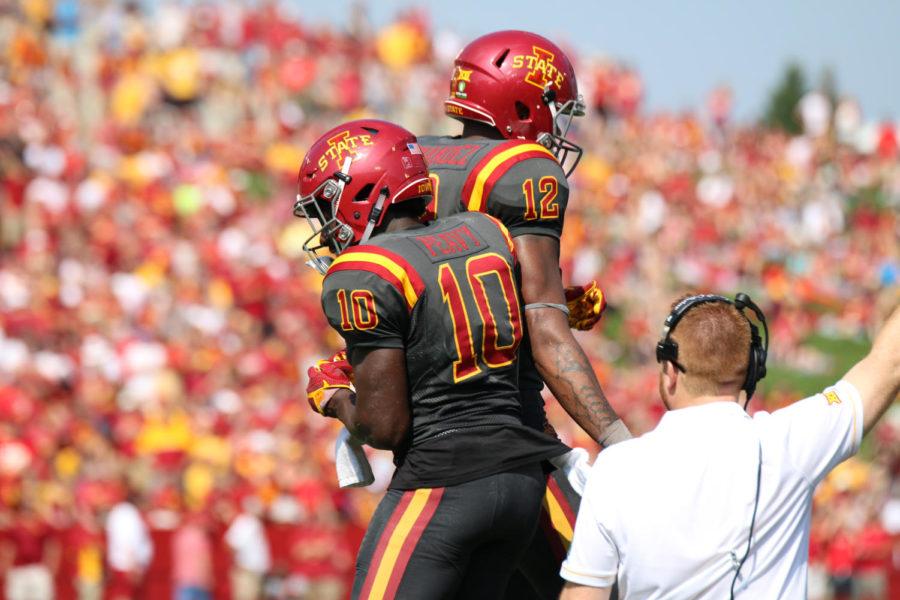 ISUs Brian Peavy and Cliff Fernandez celebrate a sack during the game against San Jose State Sept. 24. The Cyclones would go on to defeat the Spartans 44-10, making it their first win of the 2016-2017 season.
