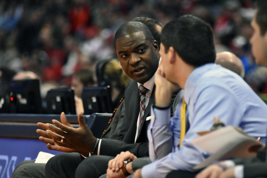 Iowa State assistant coach Daniyal Robinson speaks with head coach Steve Prohm at the second round of the NCAA Tournament on March 19, 2016.