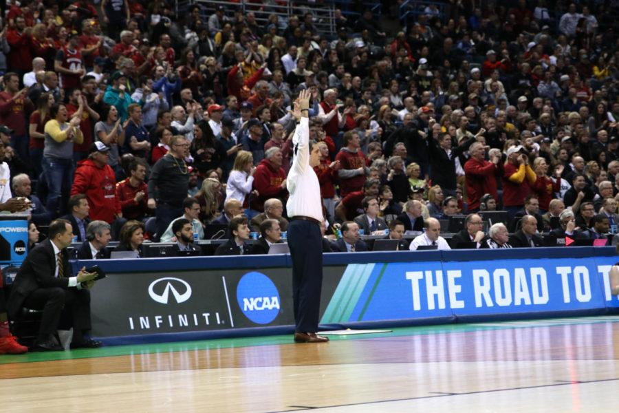 Iowa State coach Steve Prohm attempts to pump up the crowd against Purdue in the second round of the NCAA Tournament in Milwaukee, Wisconsin. Iowa State fell to the Boilermakers 80-76, ending its season.