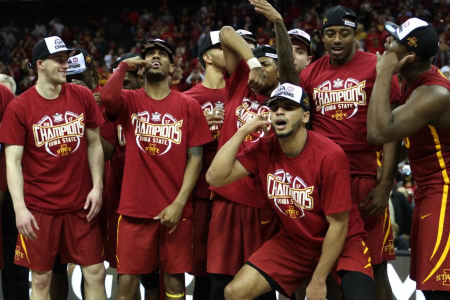 Iowa State celebrates before the trophy presentation following its 80-74 against West Virginia to win the 2017 Big 12 Tournament Championship on Saturday at the Sprint Center in Kansas City, Missouri.