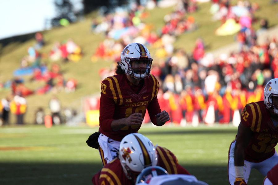 Iowa State quarterback Jacob Park shouts the cadence during the first quarter against Texas Tech.