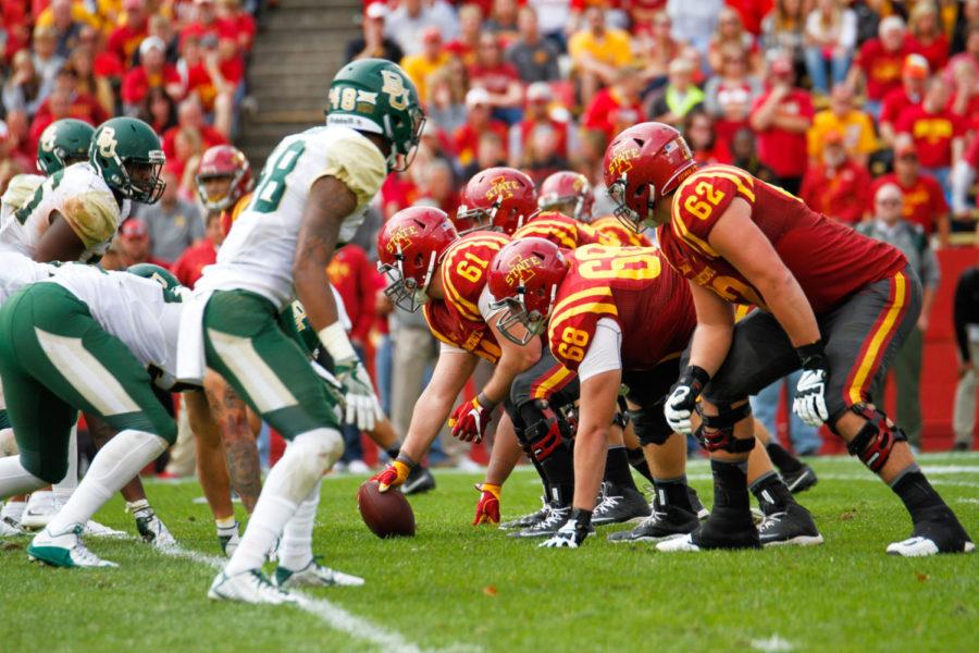 The Cyclone offensive line lines up before a play during a game against the Baylor Bears on Oct. 1 at Jack Trice Stadium. The Cyclones would go on to lose 45-42.