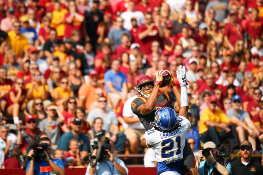 ISU wide receiver Allen Lazard catches the ball in the end zone for the first touchdown of the game against San Jose State Sept. 24. 