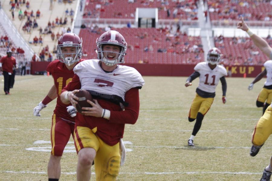 Iowa+State+linebacker+Joel+Lanning+runs+the+ball+in+after+intercepting+a+pass+at+the+spring+scrimmage+on+Saturday.+Lanning+is+starting+at+linebacker+this+year+after+playing+quarterback+last+season.