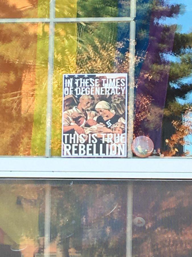 Police officers removed 15 posters around campus that stated In these times of degeneracy, this is true rebellion on Nov. 15, 2016.