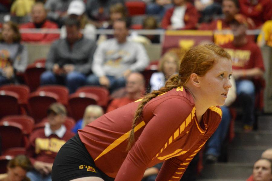 Redshirt freshman libero Hali Hillegas watches for the serve during the volleyball game on Oct. 26 at Hilton Coliseum. The Cyclones defeated the Kansas State Wildcats 3-1. 