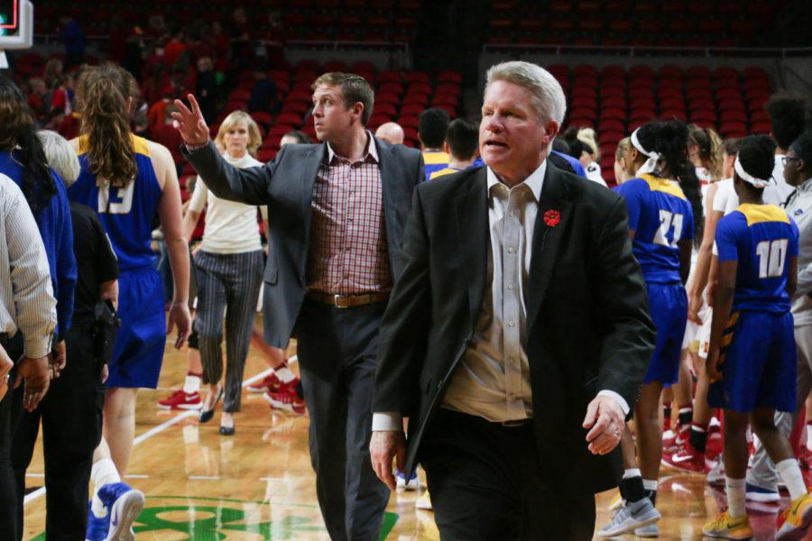 Bill Fennelly, ISU head basketball coach, walks off the court after defeating UCSB 77-60.