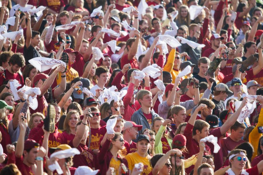 Fans+cheer+during+a+game+against+the+Kansas+State+Wildcats%2C+Oct.+29+in+Jack+Trice+Stadium.+The+Cyclones+would+go+into+halftime+down+17-3.