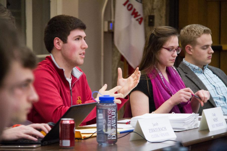 Vice president Cody West asks a question to Ann Marie Vanderzanden, who came to speak to Student Government during a meeting on March 1 in the Campanile Room. Vanderzanden spoke about the upcoming end to Blackboard, and the system that is going to replace it. 