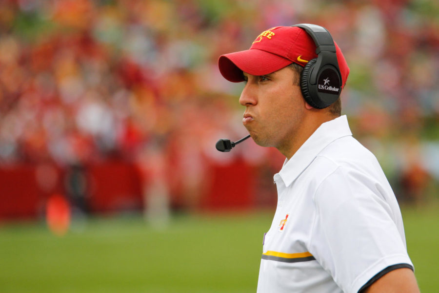 Head coach Matt Campbell reacts to a play during a game against the Baylor Bears, Oct. 1 in Jack Trice Stadium. The Cyclones would go on to lose 45-42.