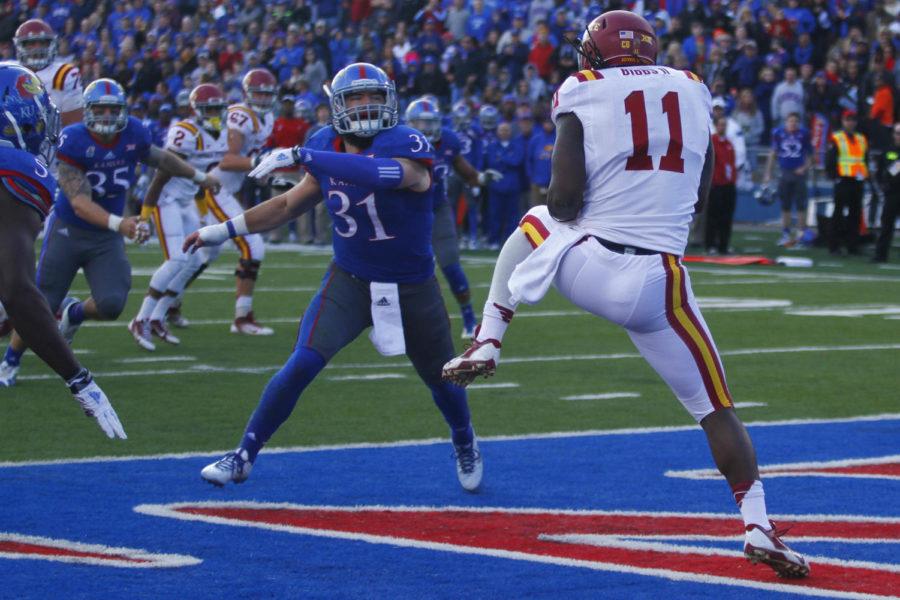 Senior tight end E.J. Bibbs catches a touchdown pass on Nov. 8 at Memorial Stadium. The Cyclones fell to the Jayhawks 34-14.