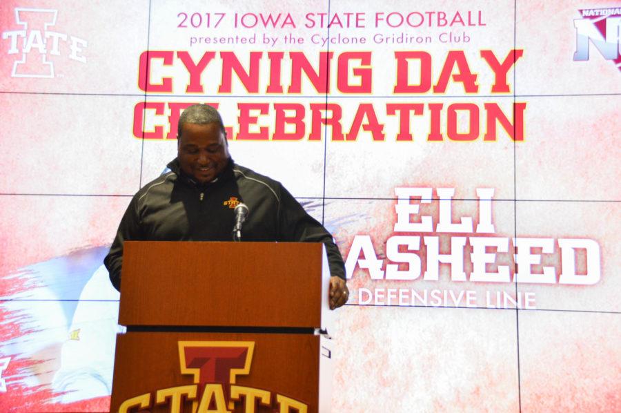 Defensive line coach Eli Rasheed speaks to Cyclone fans during the Cyning Day Celebration at Sukup End Zone Club on Feb. 1. Rasheed and the rest of the coaching staff introduced all of the 2017 recruits. 