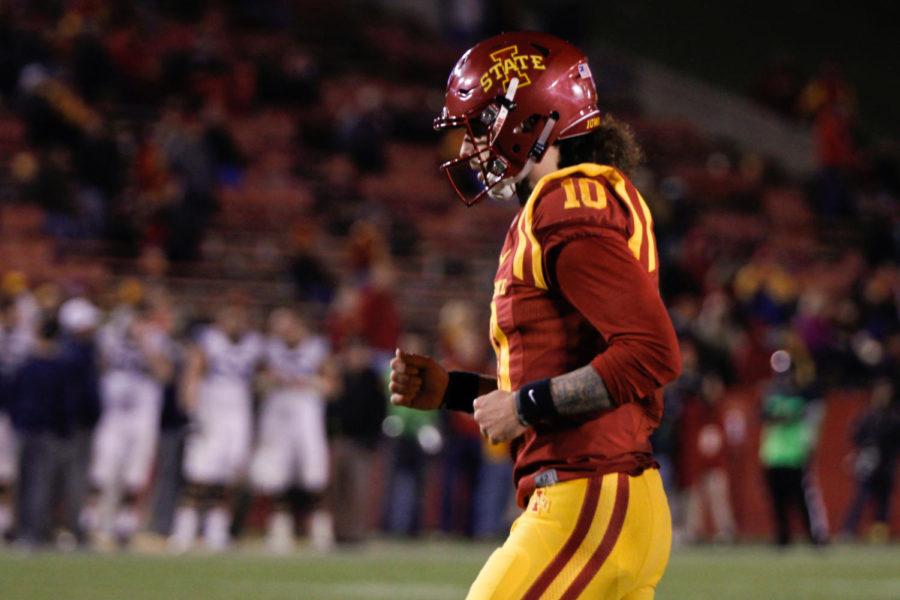 Iowa State quarterback Jacob Park jogs out to the field after a West Virginia punt on Nov. 26 at Jack Trice Stadium. West Virginia defeated Iowa State by a final score of 49-19.