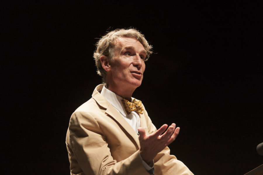 Bill Nye gives a speech at Stephens Auditorium on Friday, Sept. 21, as a the kickoff event for Engineers Week. The speech, titled You Can Change the World, told of how scientists and the average person can make a positive change in the world.
