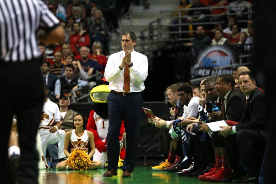 Coach Steve Prohm claps after made free throws on Saturday in the first half against Purdue in the second round of the NCAA Tournament.