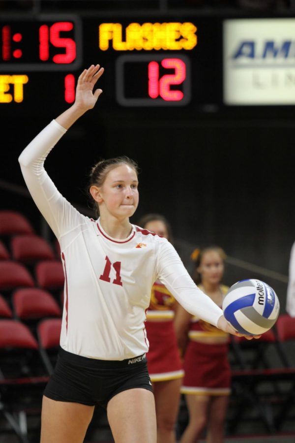 Piper Mauck prepares to serve during a match against Kent State on Aug. 25 in Hilton Coliseum. Cyclones went on to sweep Kent State 3-0 in their first match of the season. 