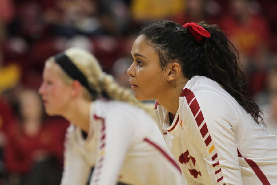 Genesis Miranda waits for the ball to be served during a match against Kent State on Aug. 25 in Hilton Coliseum. Cyclones went on to sweep Kent State 3-0 in their first match of the season. 