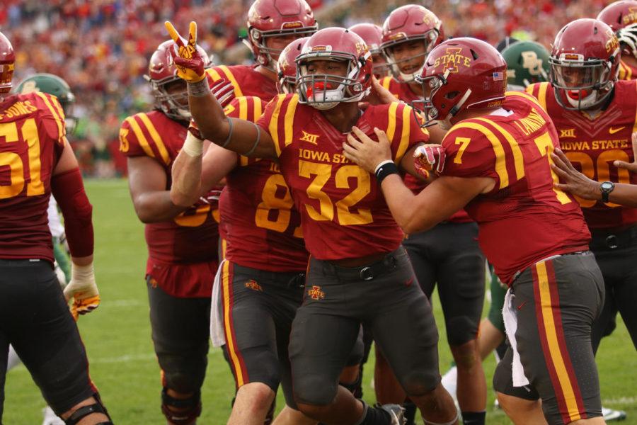 Iowa State running back David Montgomery celebrates after rushing for a touchdown in the second quarter against Baylor.