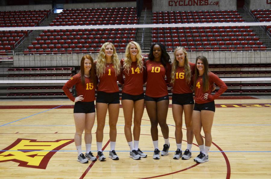 The+ISU+volleyball+2015+recruiting+class+at+Hilton+Coliseum%28Left+to+right%29+Hali+Hillegas%2C+libero%2Fdefensive+specialist%3B+Hannah+Bailey%2C+right-side+hitter%3B+Jess+Schaben%2C+outside+hitter%3B+Grace+Lazard%2C+middle+blocker%3B+and+Remi+Bowman%2C+setter.