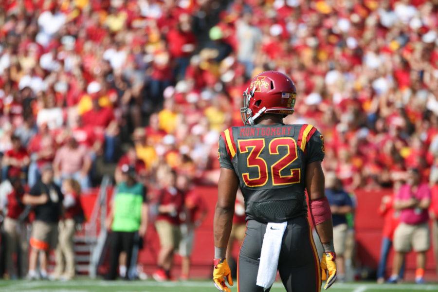 ISU running back David Montgomery stands on the field during the game against San Jose State Sept. 24. The Cyclones would go on to defeat the Spartans 44-10, making it their first win of the 2016-2017 season.