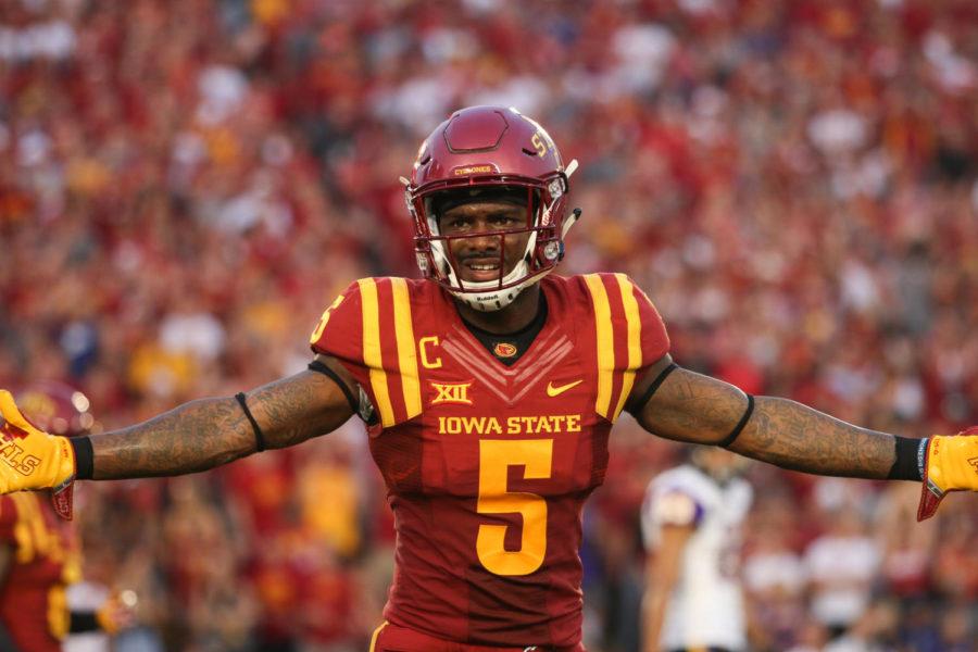 Iowa State defensive back Kamari Cotton-Moya argues a call during the Cyclones first game of the season against UNI on Sept. 2, 2017. The Cyclones defeated the Panthers 42-24.