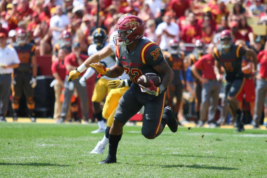 Iowa States David Montgomery runs downfield during the annual CyHawk football game Sept. 9, 2017. The Cyclones fell to the Hawkeyes 44-41 in one overtime.
