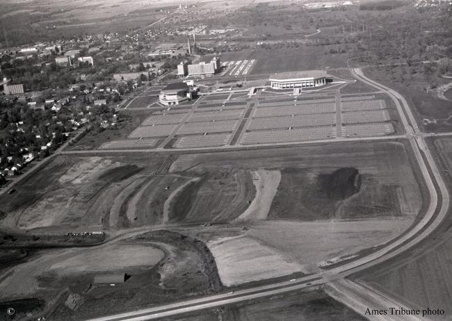 An aerial photo of the plot of land where Cyclone Stadium (later Jack Trice Stadium) would soon lie. Pictured in 1973.