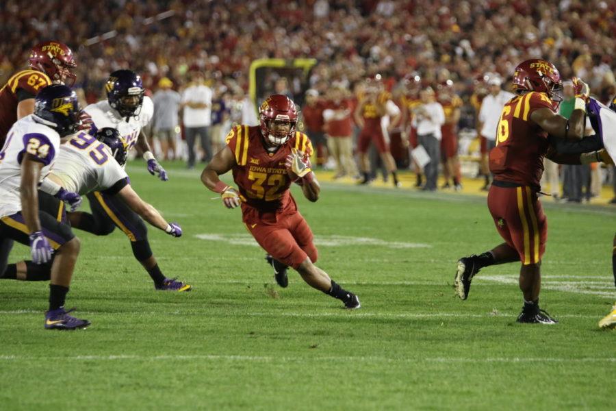 Iowa State running back David Montgomery turns up the field on a carry near the end zone against UNI. Montgomery would score on the next play.