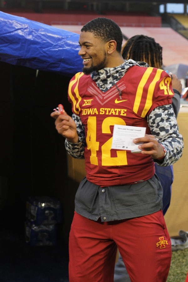 Iowa State football player Marcel Spears Jr. takes a look at the ACCESS fort at Reggies Sleepout at Jack Trice Stadium on March 25.