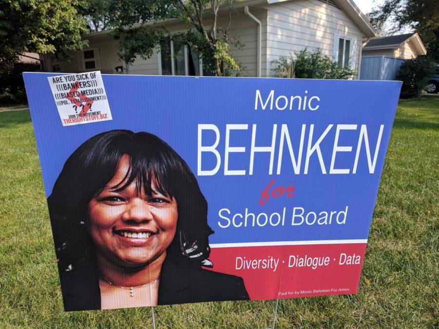 The campaign sign of an ISU faculty member and Ames school board candidate, Monic Behnken, was defaced with a sticker similar to white heritage posters found in the Fall of 2016. 