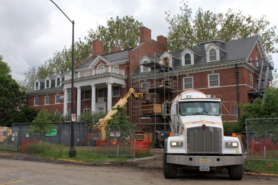 Barton Residence Hall, built in 1916, undergoes some summer renovations on May 23. Many on campus projects are underway while the majority of students are off campus for the summer.