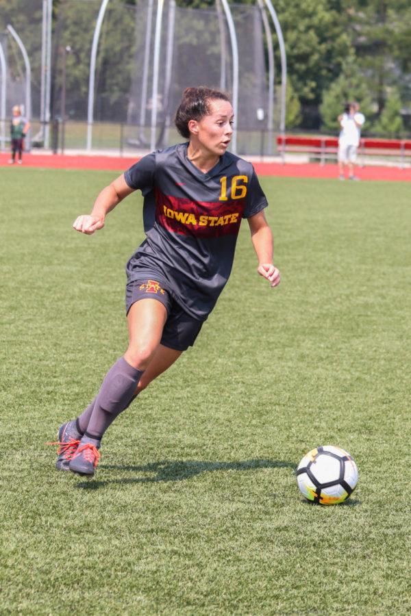 Redshirt Junior Brooke Tasker takes the ball up the field Sep. 3. Iowa State won 2-0 with two goals late in the 2nd half.