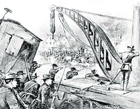 Violence in Chicago escalated when federal troops came to break
the 1894 Pullman factory strike, as illustrated in this drawing
from Harpers Weekly. More than 1,000 rail cars were destroyed, and
13 people were killed.
