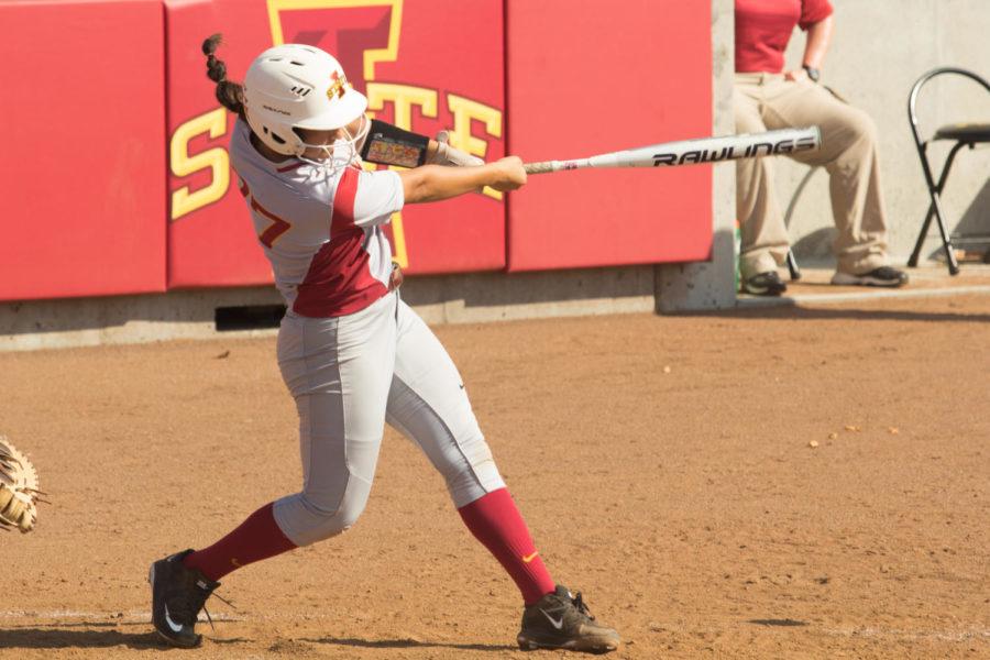 Junior Nychole Antillon makes a base hit Sep. 23, the Pitch was ruled a ball by the umpire. The Cyclones defeated the Kirkwood Eagles 9-1.