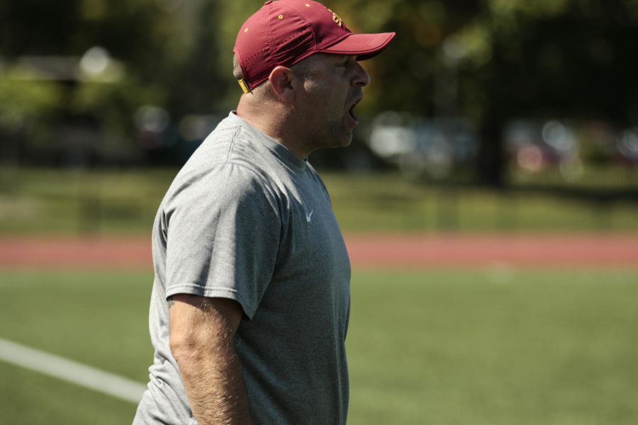 Womens soccer head coach Tony Minatta watches the Cyclones play against NDSU on Sept. 13, 2015. The Cyclones lost 2-3 in overtime.