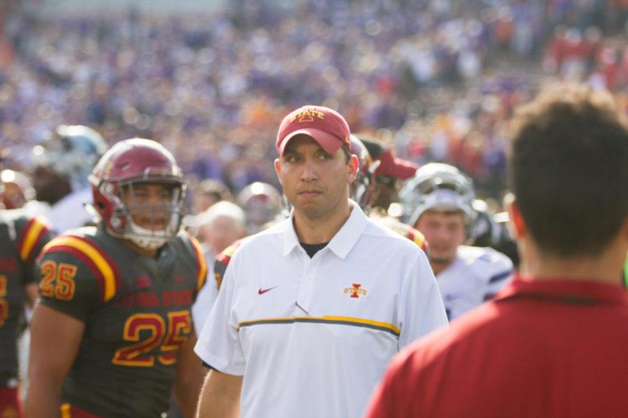 Head coach Matt Campbell walks around with players after a game against the Kansas State Wildcats, Oct. 29 in Jack Trice Stadium. The Cyclones lost 31-26, and fall to 1-6. 