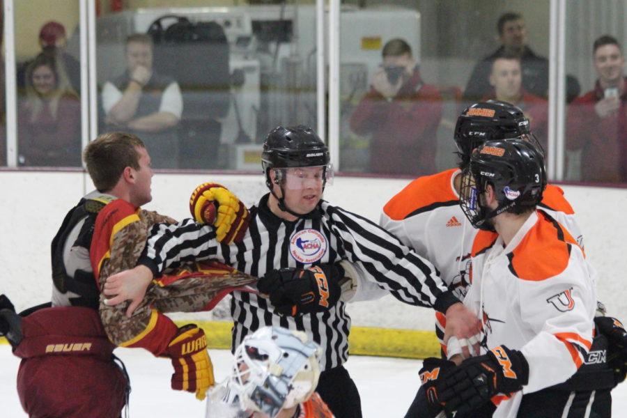 Cyclone and Jamestown players break out into a fight during their game Jan. 20. Jamestown defeated the Cyclones 4-2. 