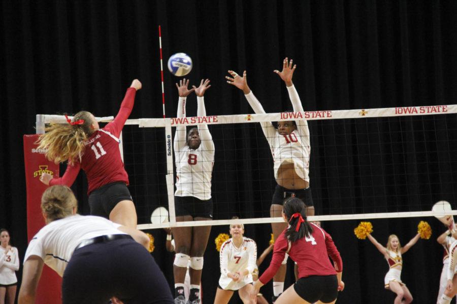 Senior Monique Harris and Junior Grace Lazard during the Iowa State vs. Oklahoma volleyball game.