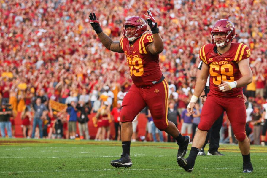 Iowa States Vernell Trent (99) pumps up the crowd during the Cyclones first game of the season Sept. 2, 2017. The Cyclones defeated the Panthers 42-24.