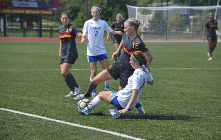 McKenna Schultz, defender, tries to get a hold of the ball during the last minute of the first half of the game versus the UMKC Kangaroos on Sept. 3.