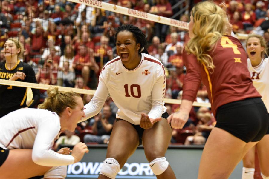 Iowa+State+middle+blocker+Grace+Lazard+cheers+with+her+teammates+at+the+Iowa+Corn+Cy-Hawk+Series+volleyball+game+on+Friday%2C+Sept.+9%2C+2016%2C+at+Hilton+Coliseum+in+Ames.+The+Cyclones+won+3-0.