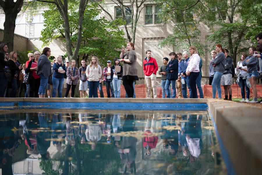 Iowa State students gather in the Food Sciences courtyard for the September Art Walk. The Iowa State campus has over 2,000 public art works on campus, the largest number in the nation.